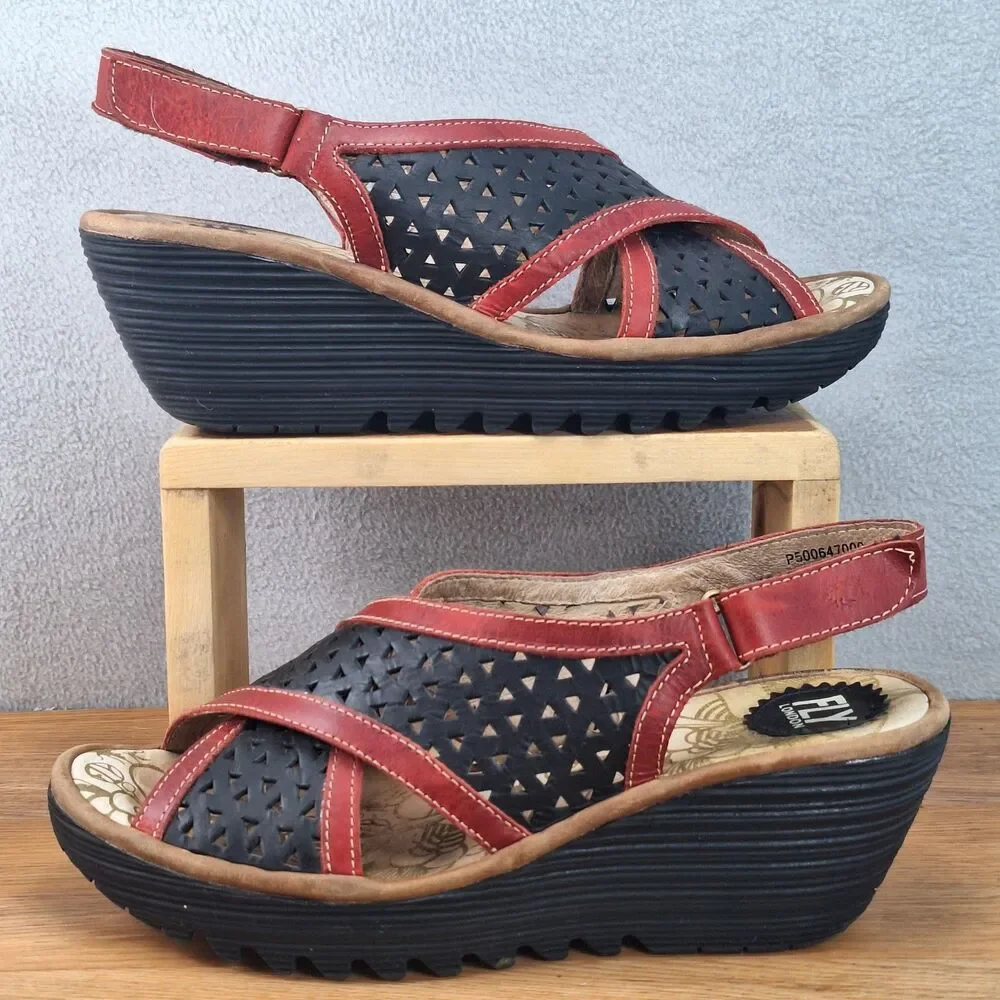 Fly London Ynes Women's 10.5 EU 41 Perforated Leather Wedge Sandals Black Red